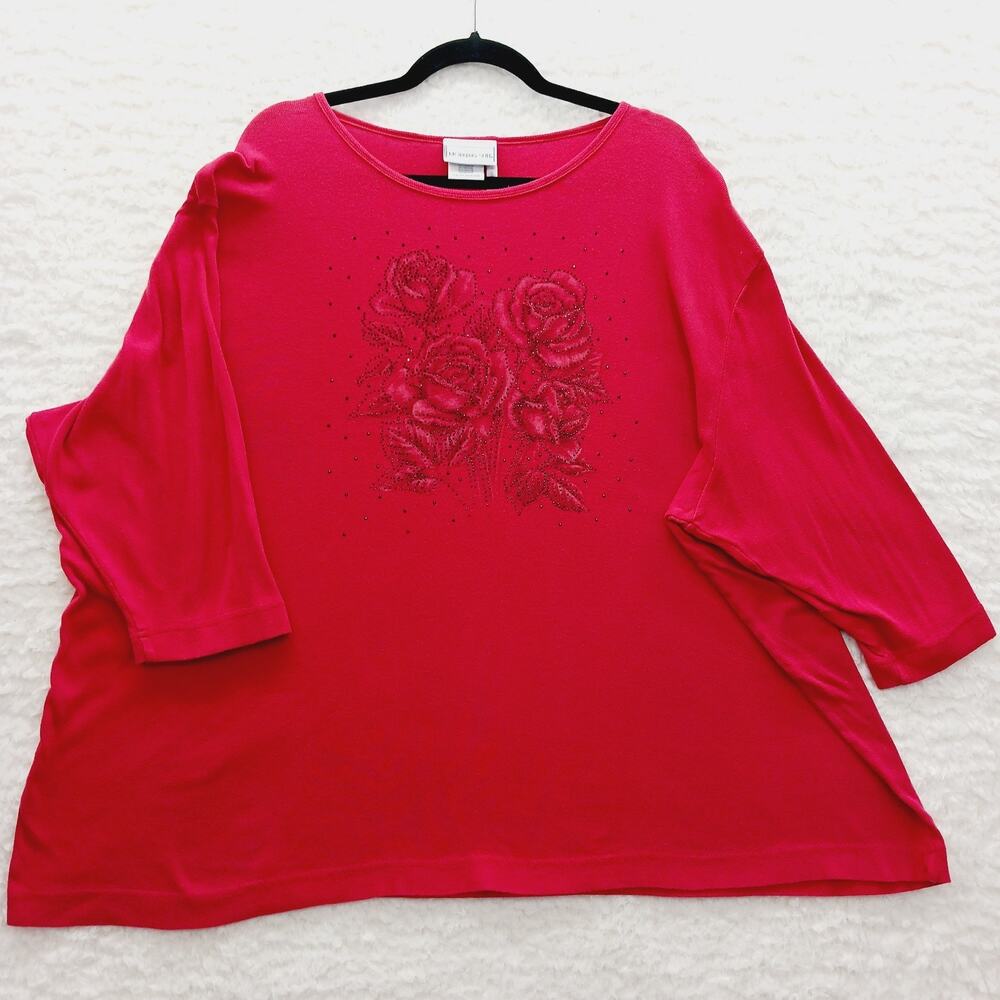 T-Shirt Women Rhinestone Red Rose Floral Bloomcore Romantic Casual Boho Size 3X
